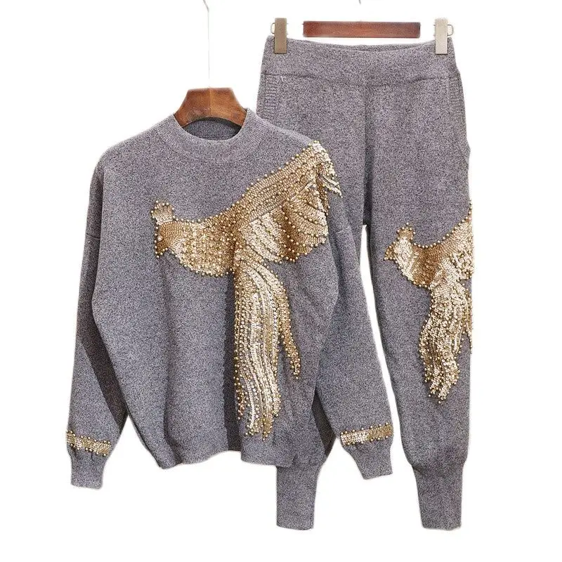 

Sequined Embroidered Knit Women Suit Winter Tracksuit 2 Piece Set Autumn 2023