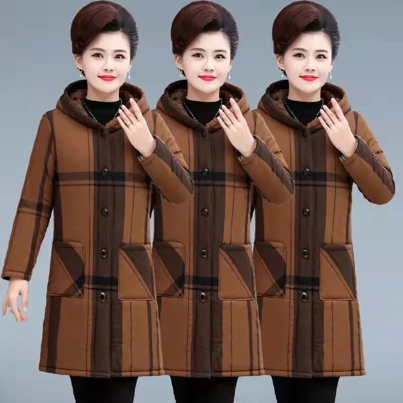 Middle-aged And Elderly Oomen's Fleece Cotton-padded Mother's Winter Long  Cotton-padded  Loose Large Size Warm Plaid Coat