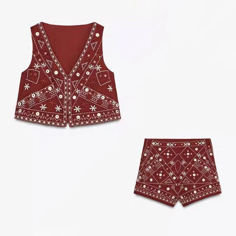 

Casual Embroidery Printed Waistcoat Shorts Women's Set V-neck Sleeveless Waistcoats Short Trousers Sets 2025 Summer Lady Suit