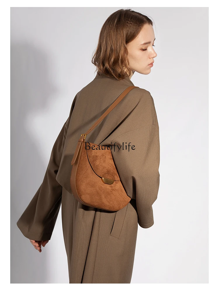 One-Shoulder Real Cowhide Underarm Bag, Brown Saddle Bag, Crossbody, High-Grade, Special-Interest Design