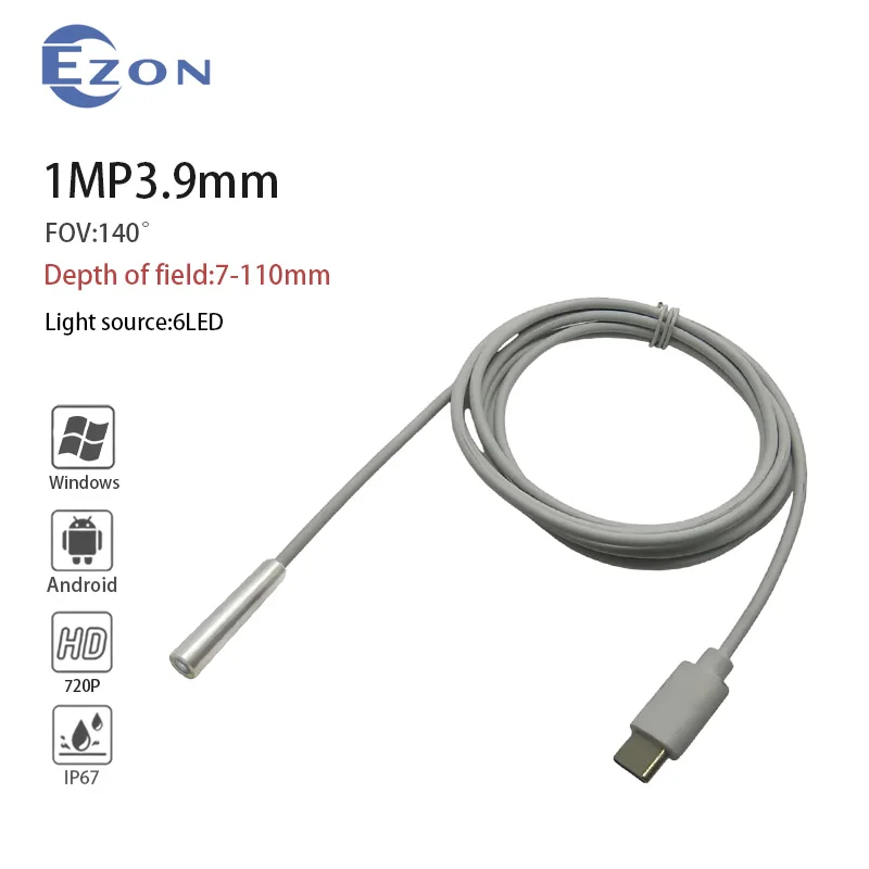 

1 МП 3,9 мм FOV 140 ° широкоугольная промышленная эндоскопическая камера для проверки трубопровода 1,5 м, эндоскопическая камера с гибким кабелем Type-C