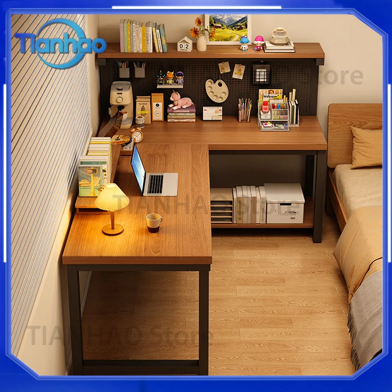 L Shaped Corner Desk with Pegboard Shelf for Home Office Study Room Bedroom Use Solid Wood Computer Desk for Students