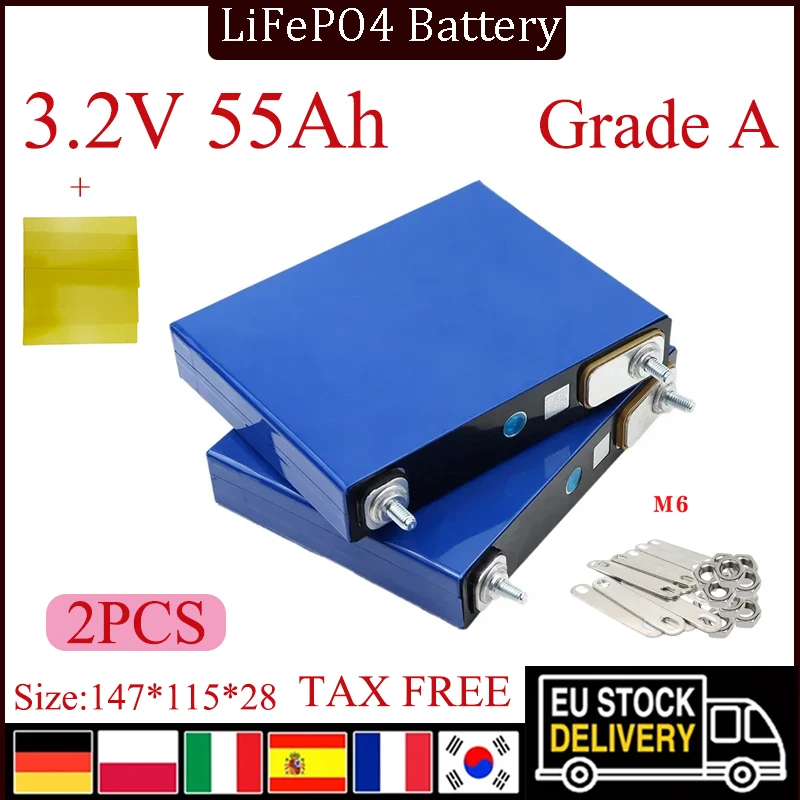 

2PCS New A-Class LiFePO4 lithium iron phosphate battery, 3.2V 55Ah, 12V, 24V, 3C motorcycle, car, engine modification, duty-free