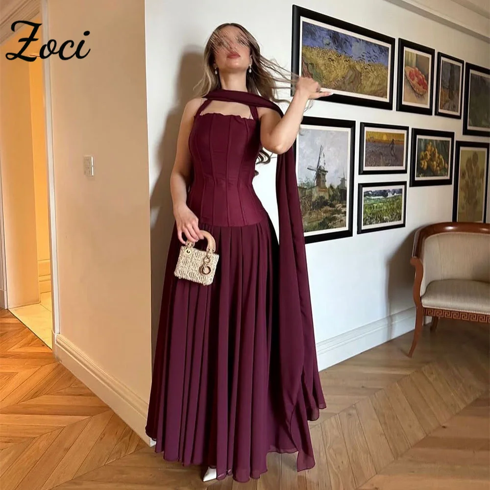 

Zoci Elegant Strapless Red Prom Dresses Sleeveless Saudi Arabic A Line Evening Gown Chiffon Scarf Customized vestidos de festa