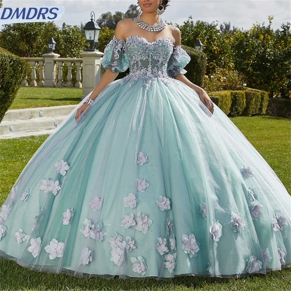 Elegant Sweetheart Neck Shiny Quinceanera Dress Off The Shoulder Party Prom Dress Ball Gown Flower Lace Beads Girl Sweet 16 Gown