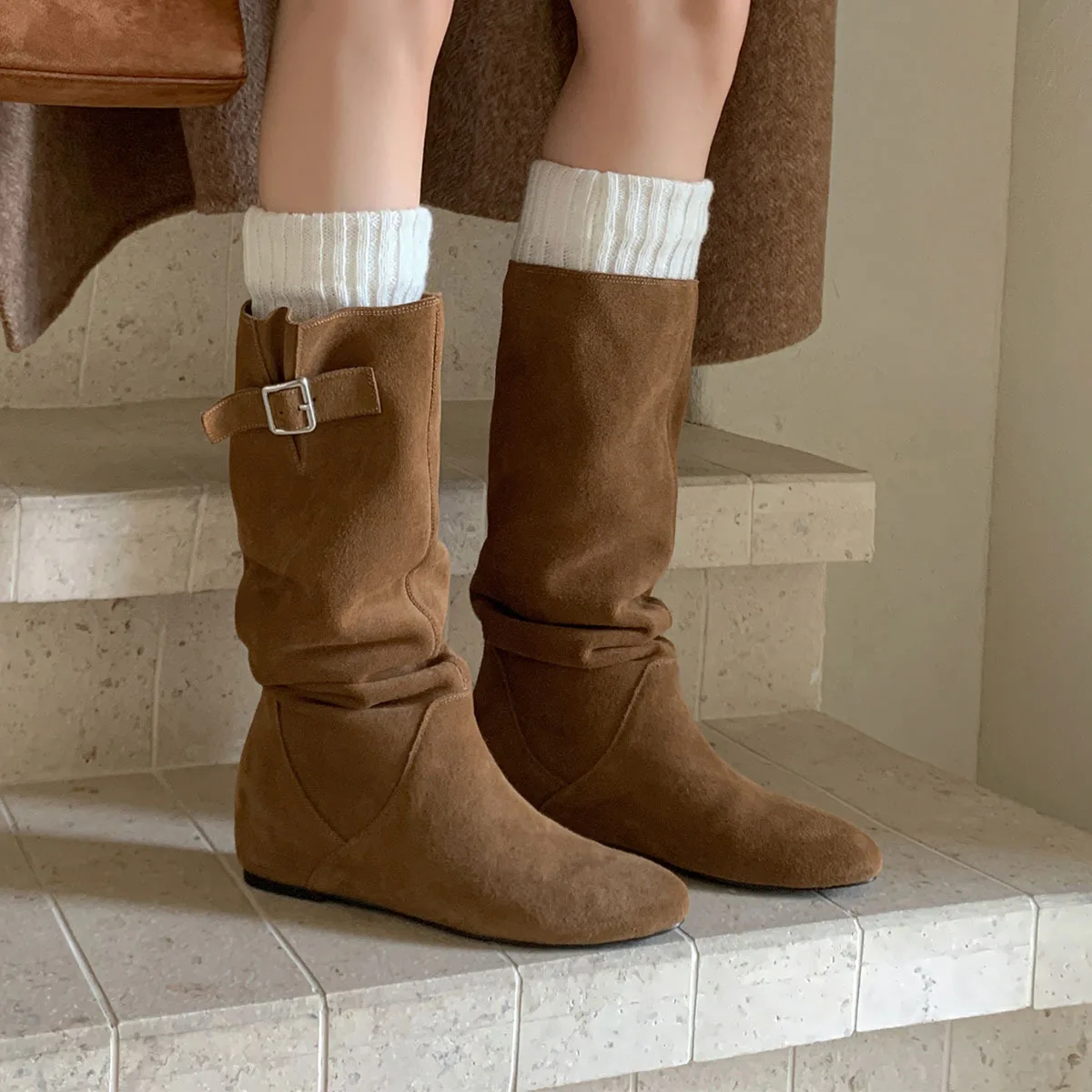 

Autumn Cow suede Increased Internal Skinny boots Round toe Slip-on Middle heel Belt buckle Mid-Calf boots