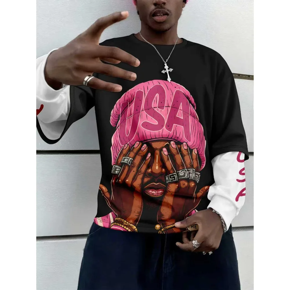 

Spring Round Neck Fake Two Piece Long Sleeved T-shirt Men's Ins Trendy Brand Loose Korean Version Trendy Versatile Casual Y2K