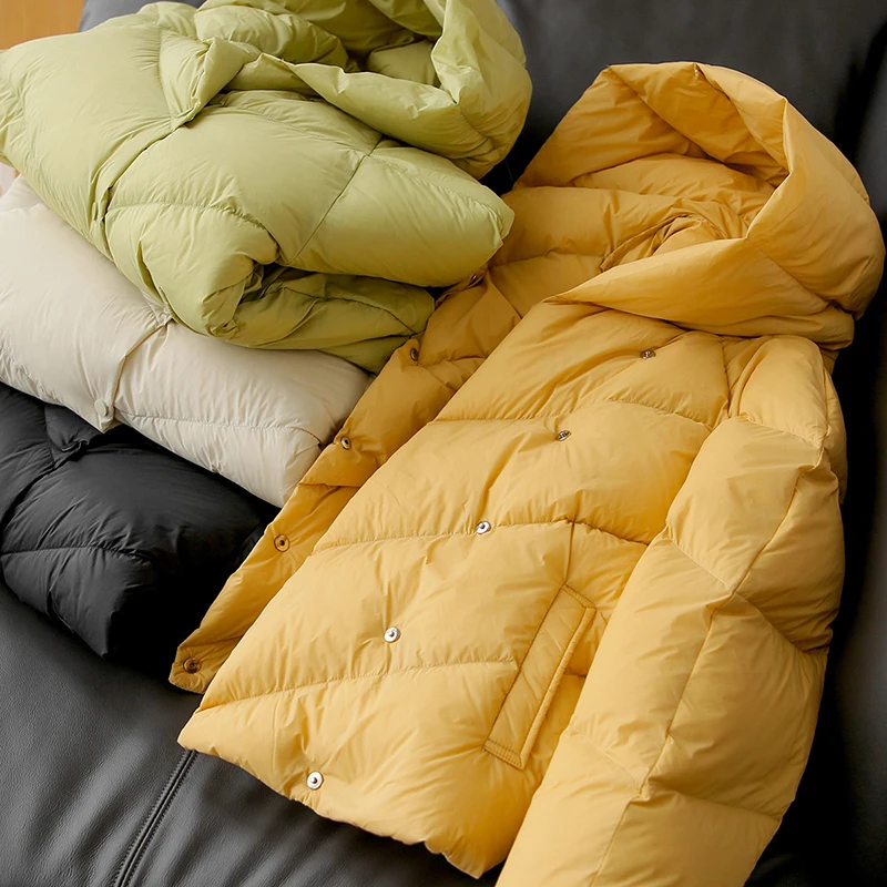 Chaqueta acolchada con capucha informal de invierno para mujer, abrigo cálido suave ultraligero de manga larga 90% plumón de pato blanco, corte holgado, recién llegado 2025