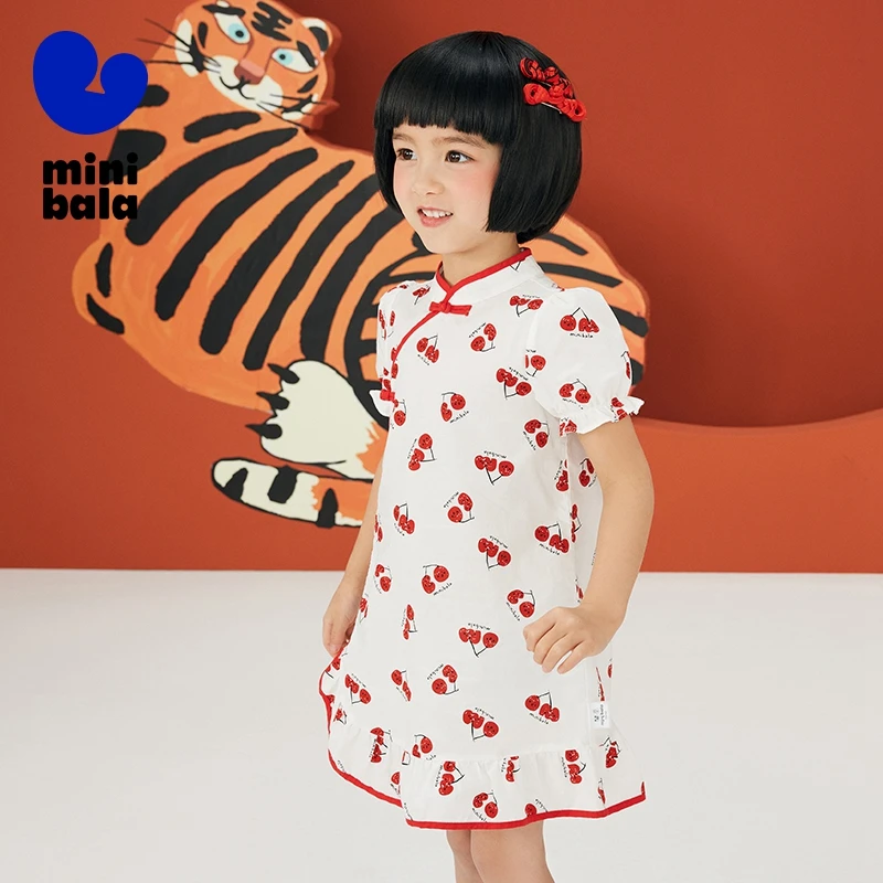 Mini Bala Dress Girls Dress 2024 Summer New Breathable Pure Cotton Sweet Buttoned Chinese-style Qipao