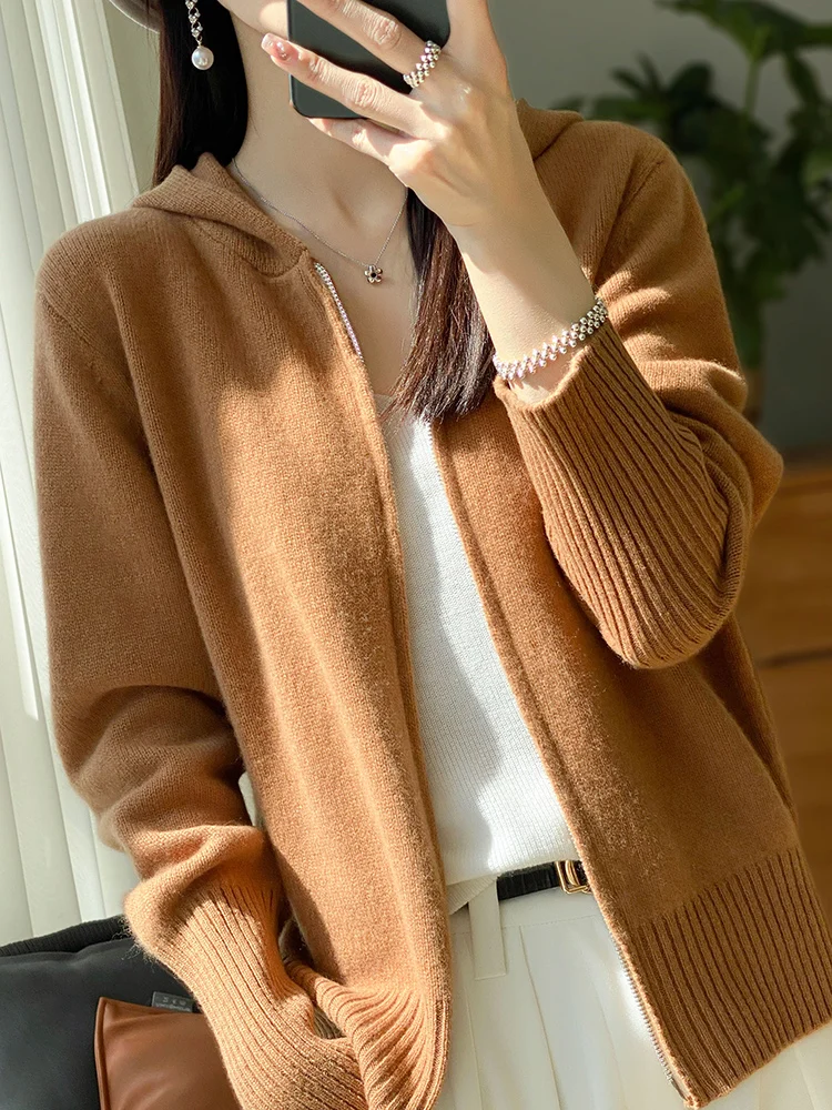 100% Merino Wool Cardigan Cashmere Sweater Autumn Winter Women Zipper Hoodies Long Sleeve Pure Colors Knitwear Female Clothing