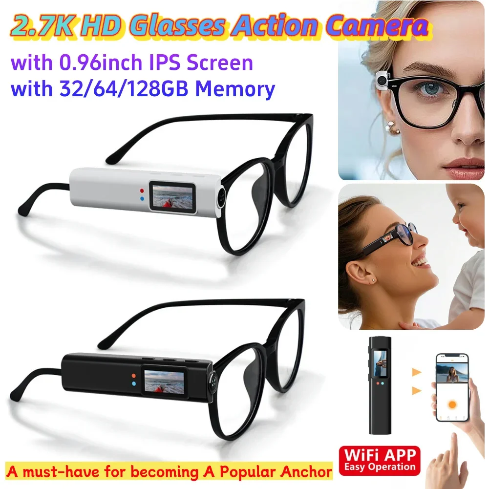 

2.7K HD Glasses Camera WiFi Sports DV DVR Video Recorder 0.96inch IPS Screen 250mAh Battery Sound Recording for Cycling Bicycle