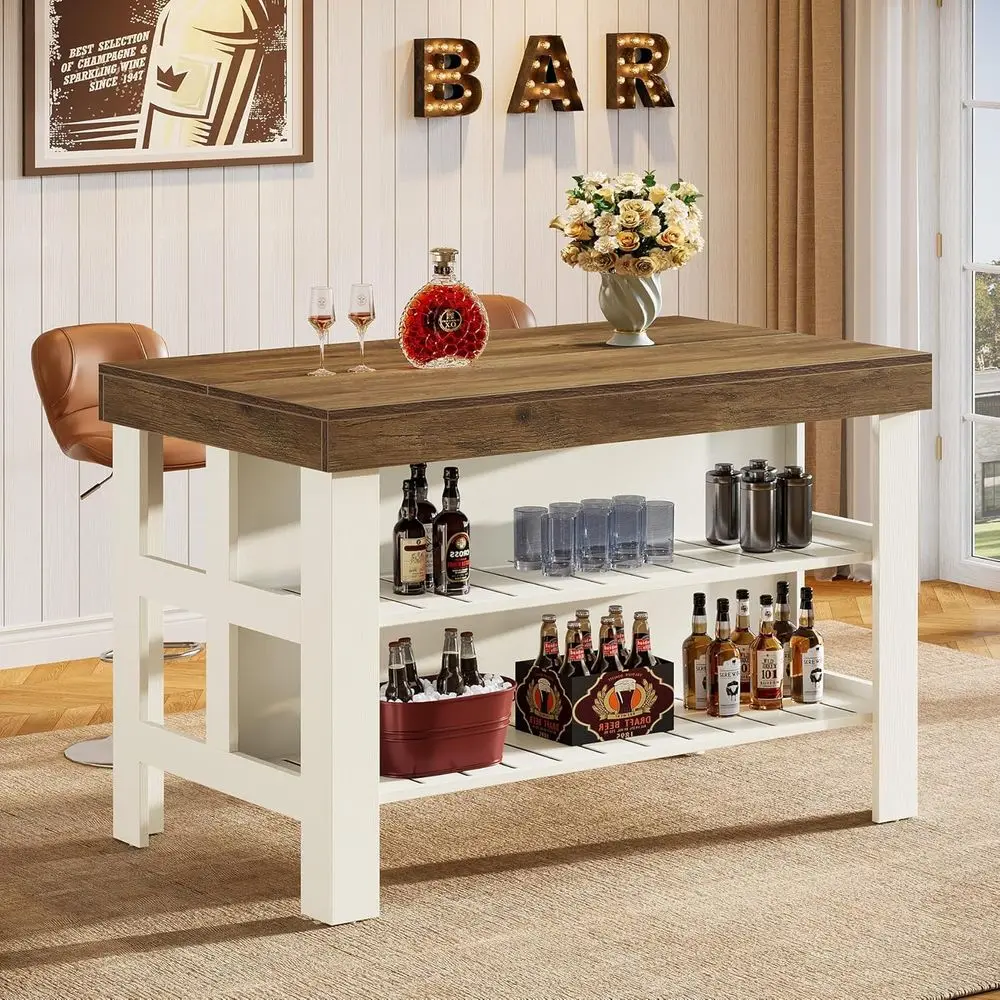 

Bar Table Unit with Storage Shelves, 55.1-Inch Farmhouse Counter Height Bar Cabinet for Kitchen Dining Room