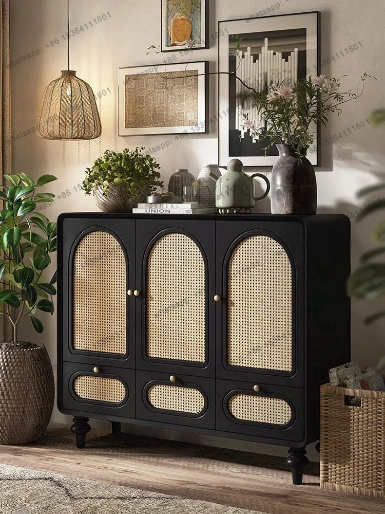 FG  Medieval rattan weaving  solid wood retro entrance cabinet living room storage decorative cabinet