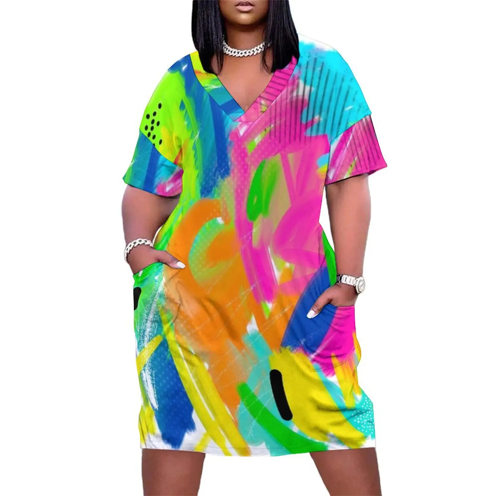 Colorful Abstract Painting Loose Pocket Dress long sleeve dress elegant women