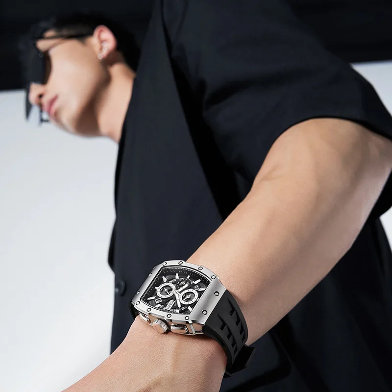 

Часы Mark Fairwhale для мужчин, роскошные кварцевые наручные часы с хронографом Tonneau, модные спортивные мужские часы с резиновым ремешком и датой, Reloj