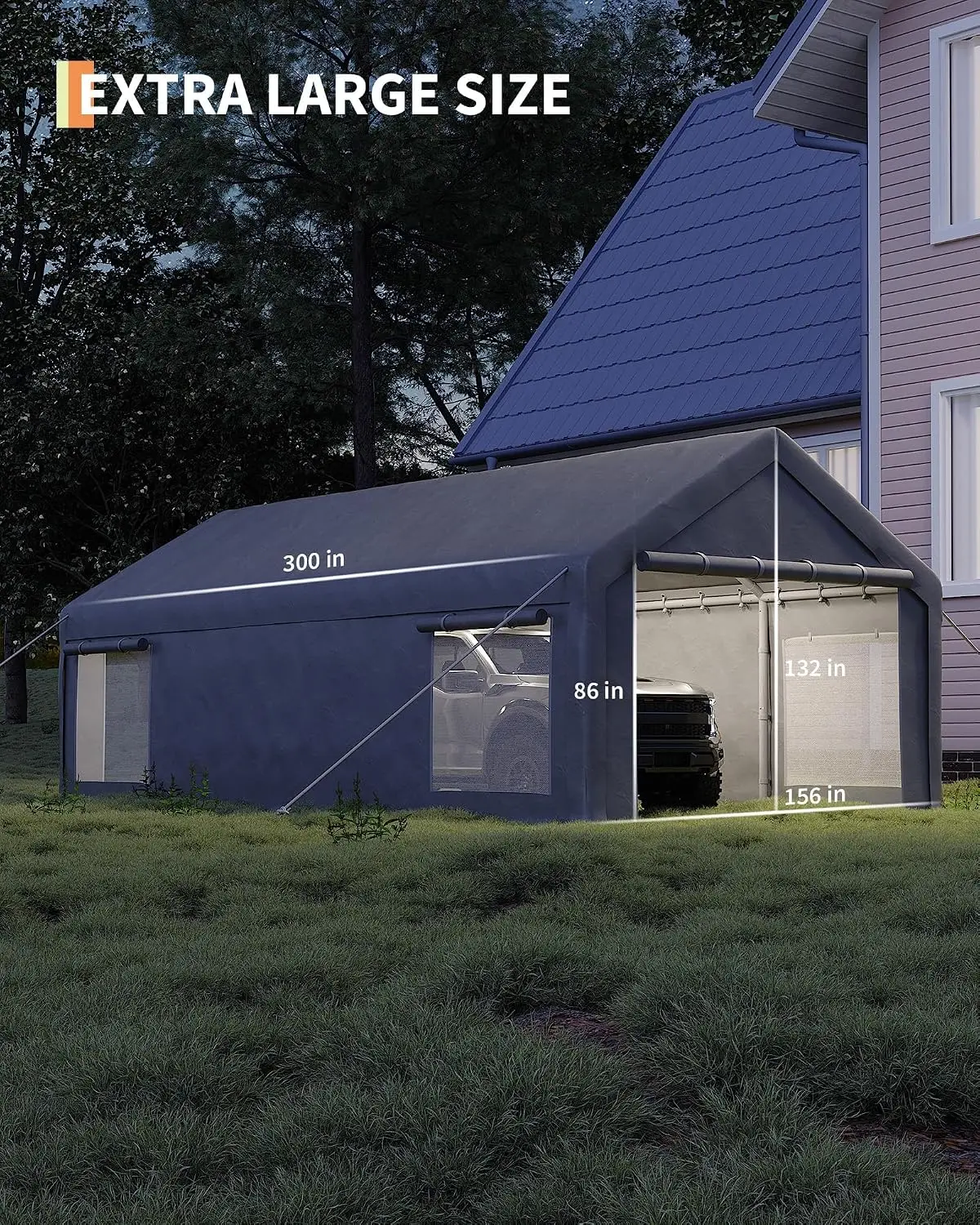 13x25ft Portable Carport, Extra Wide Canopy with 200G PE Cover, 4 Windows, Roll Up Doors for Truck, SUV, Boat, Customized