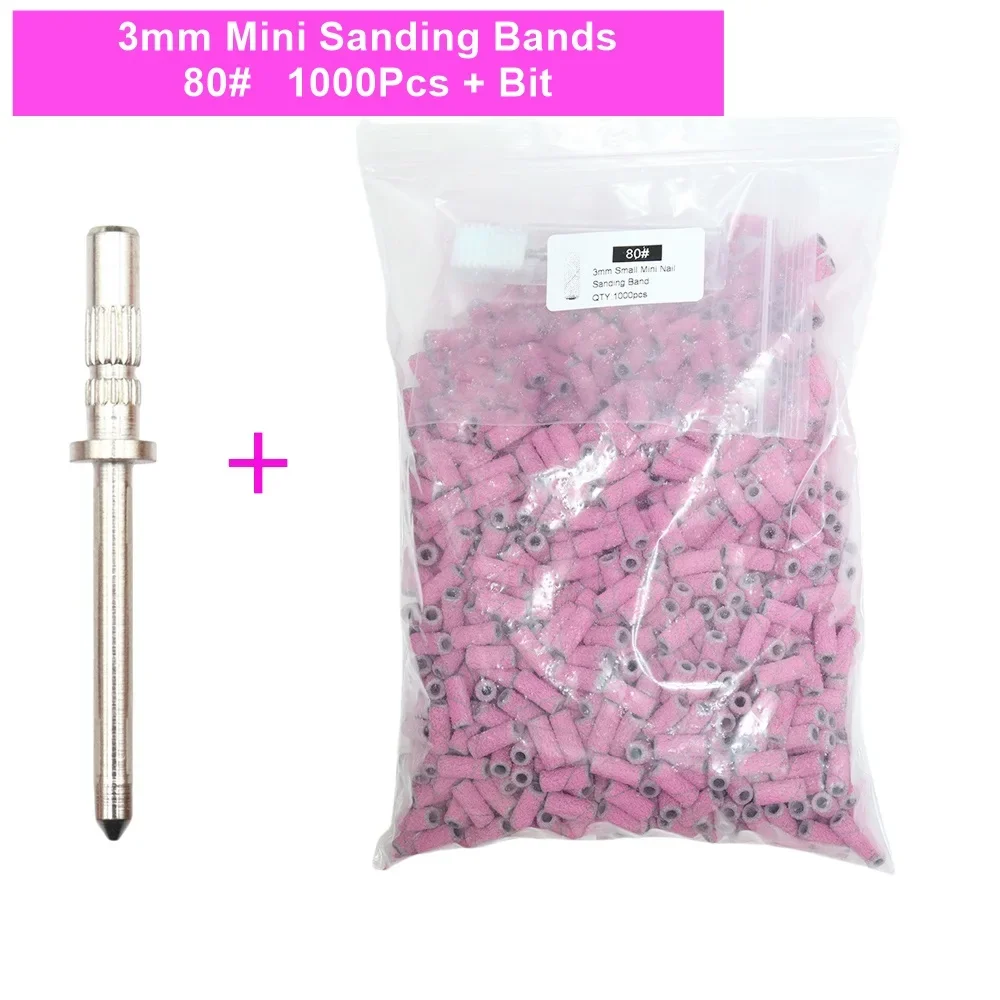 Bandes de ponçage mini zèbre rose vif avec mini mandrin en métal, forets à ongles en acier inoxydable, manucure électrique, 3mm, 1000 pièces