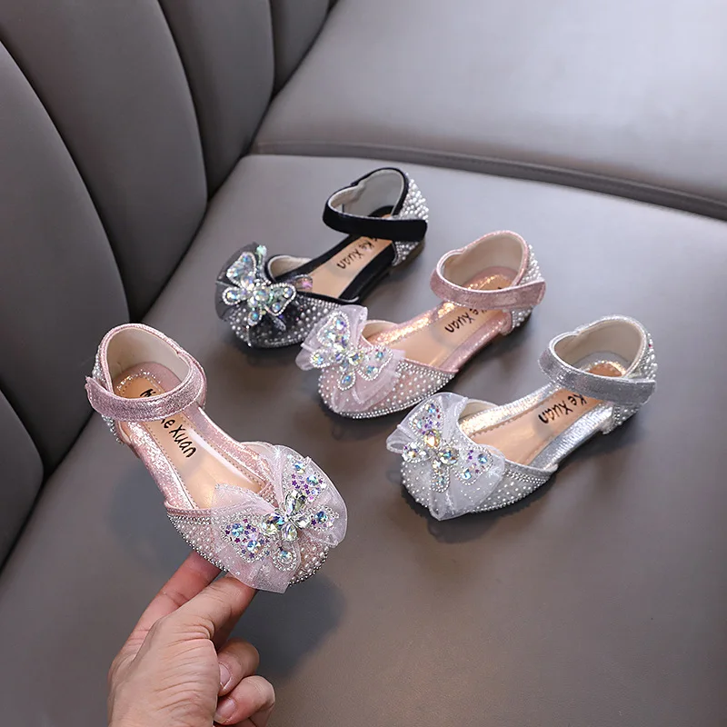 

Autumn Children's Sandals Fashion Rhinestone Butterfly Girl's Princess Leather Shoes Soft Sole Casual Dance Performance Shoes