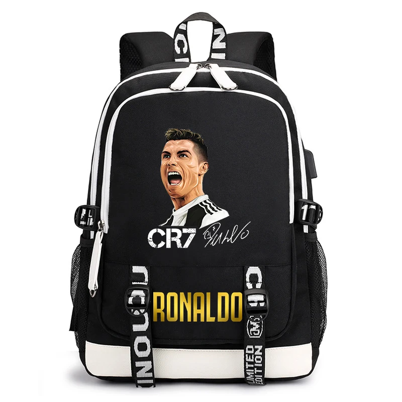 Mochila escolar con estampado de Ronaldo para estudiantes, mochila para niños, usb, bolsa de viaje para exteriores, bolsa informal negra