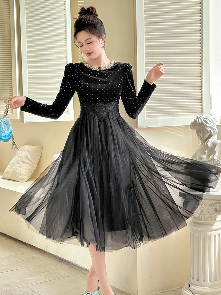 

Women Black Velvet Sparkle O-Neck Midi Tulle Hem A-Line Dress Elegant Party Evening Robe Vestido Gown French Romance Slim Casual