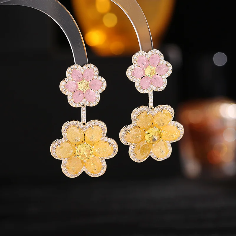 New Wholesale Designer Style Light Luxury Ice Crack Zircon Inlaid Double Layer Sunflower Earrings