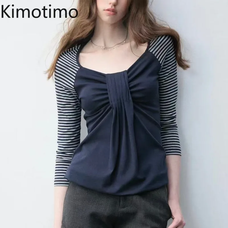 Kimotimo Simple Patchwork Striped Half Sleeve T-shirt Women Short Sleeve Folds Slim Waist Tops Summer Vintage Y2k Aesthetic Tees