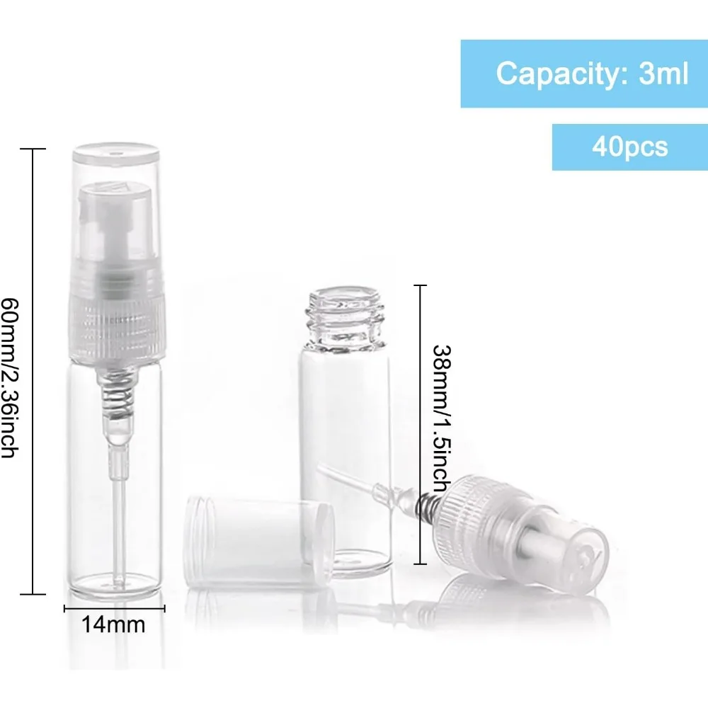 40PCS 3ml Mini Fine Mist Spray Bottle Transparent Glass Travel Empty Perfume Atomizer Sprayer Refillable Sample Bottle