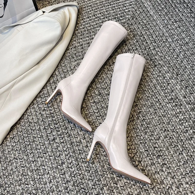 2024 Black Winter Knee High Shaft Heels Pointed Toe Women\'s Boots Leather Footwear Elegant Heeled Shoes for Woman Long Spring