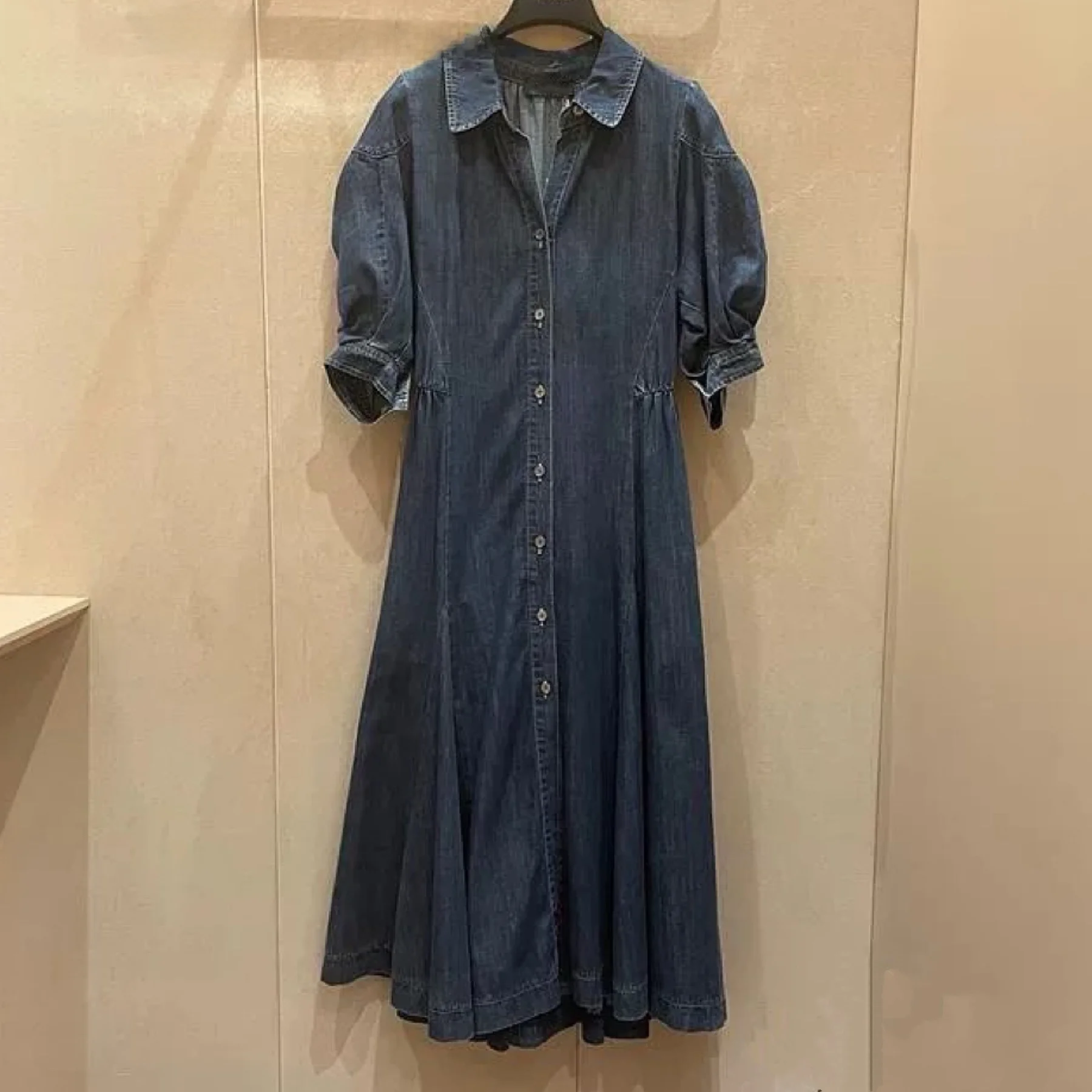 Casual Faionable  Collar Pleated Waist Belt Design Bubble Sve ort Sve Denim Dr Cotton Summer Ci Commute