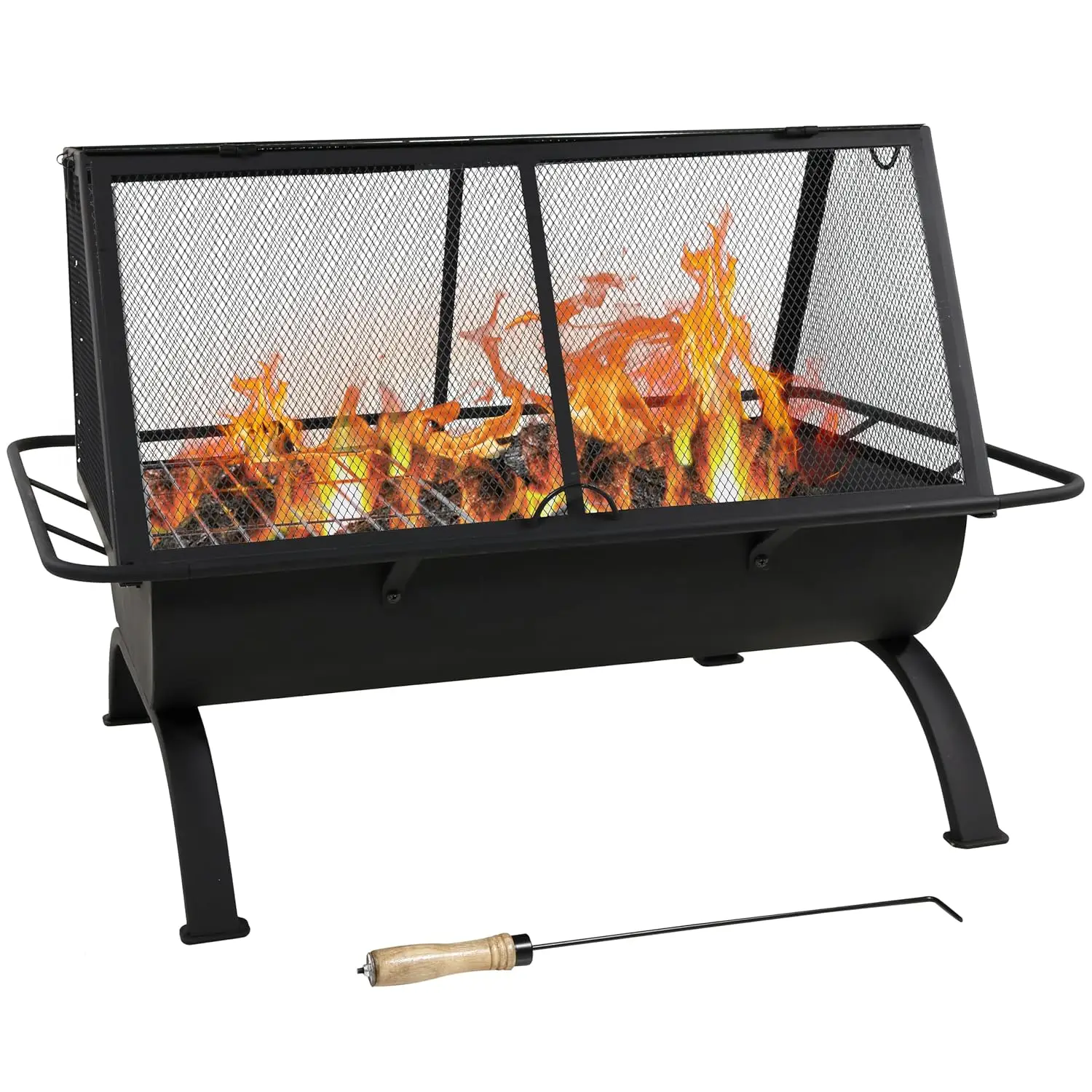 Includes Spark Screen, Cover, Poker, Large Wood Burning Rectangular Fire Pit with Cooking Grate for Outside, Patio, Backyard