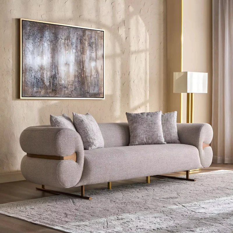 

Stainless steel upholstered three-seat fabric sofa, suitable for hotels and villas