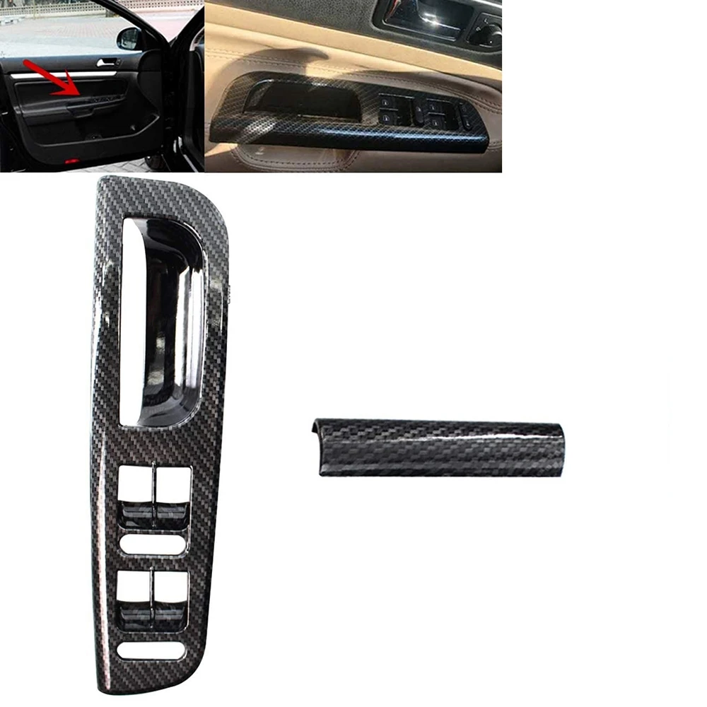 Carbon Fiber Left Front Door Window Glass Switch Panel Bezel+Handle Trim for Passat Golf MK4 Jetta Bora 1998-2005