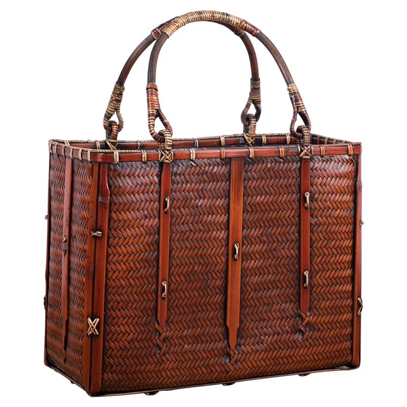 ZL Chinese Retro Handmade Bamboo Woven Bag Handbag Bamboo Basket Bag Tea Ceremony Storage Bag