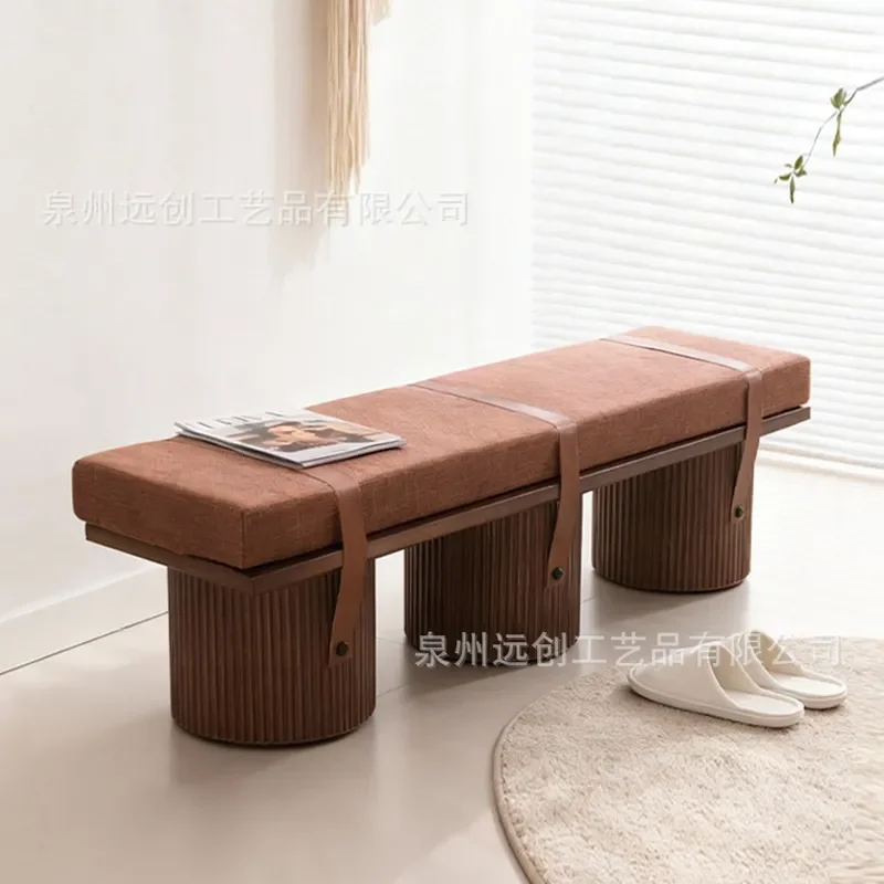 Medieval Style Solid Wood Bench Bedroom Bedside Stool Shoe Change Stool Wabi Sabi Soft Upholstered Bench Living Room Fabric