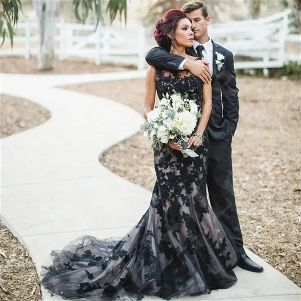 Vestido de novia negro gótico único, transparente, cuello redondo, sin mangas, apliques de encaje, tul de sirena, hasta el suelo, novia, fiesta de graduación