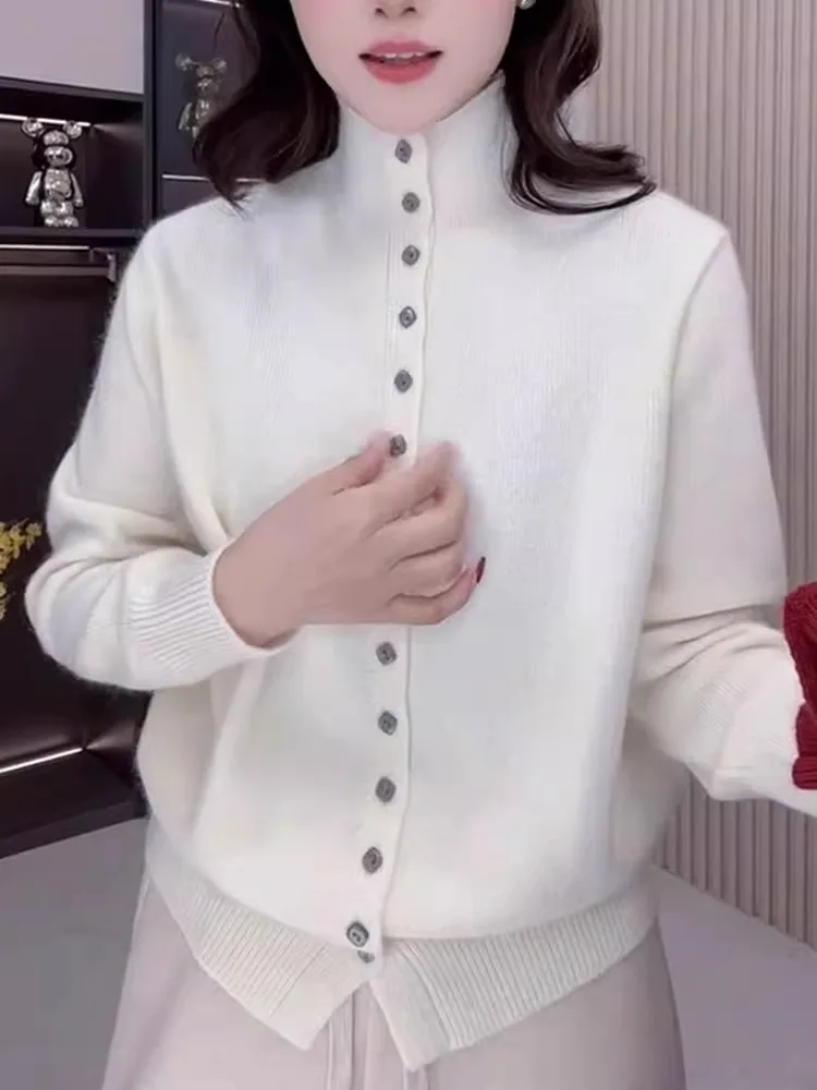 

Мягкий однотонный трикотаж с высоким воротником и одной пуговицей, простой ранний осенний ленивый свитер, корейский женский свитер Camere