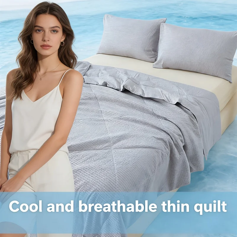 1PC Grey Solid Color Summer Cool Blanket Fashionable Elegant Foam Gauze Soft Skin-Friendly Machine Washable Air Conditioning Bla