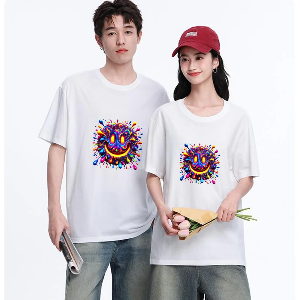 Colorful Smiley Face Printed T Shirt Cotton S-XXL Personalized Custom T Shirt Casual Short Sleeve Tee Aesthetic Graphic Top Unis