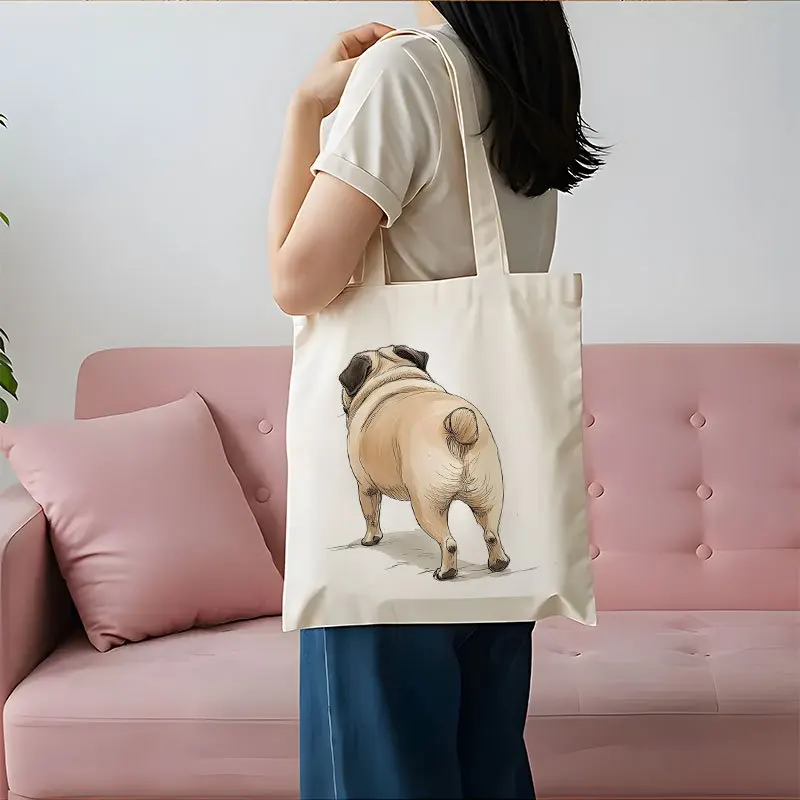 1pc Large Capacity Foldable Tote Bag with Cute Pug Dog Print - Heavy-Duty Beige Canvas-Like Shopping Bag, Pug Puppy Design for &