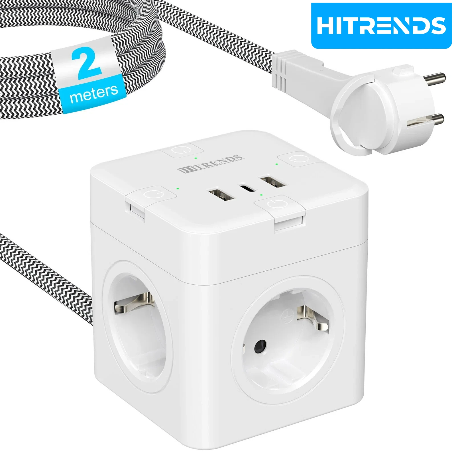 

7-in-1 Power Cube with 4 AC Outlets, 2 USB-1 USB C, Flat Plug Extension with 2m Braided Cable & Single Switch for Office/Travel