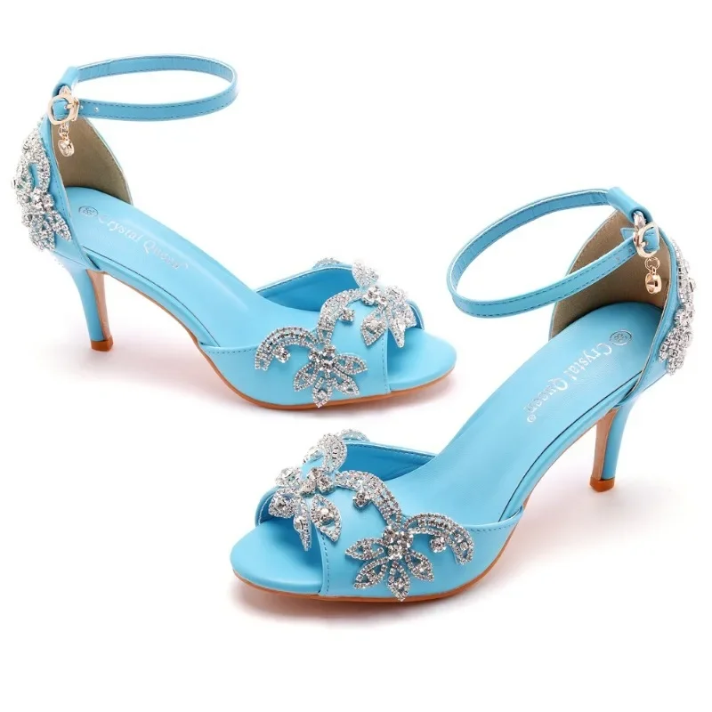 Quality Women Sandals Female Rhinestone PU 7CM Thin Heels Buckle Strap Korean Style Women's Shoes Dress Sky Blue Mature