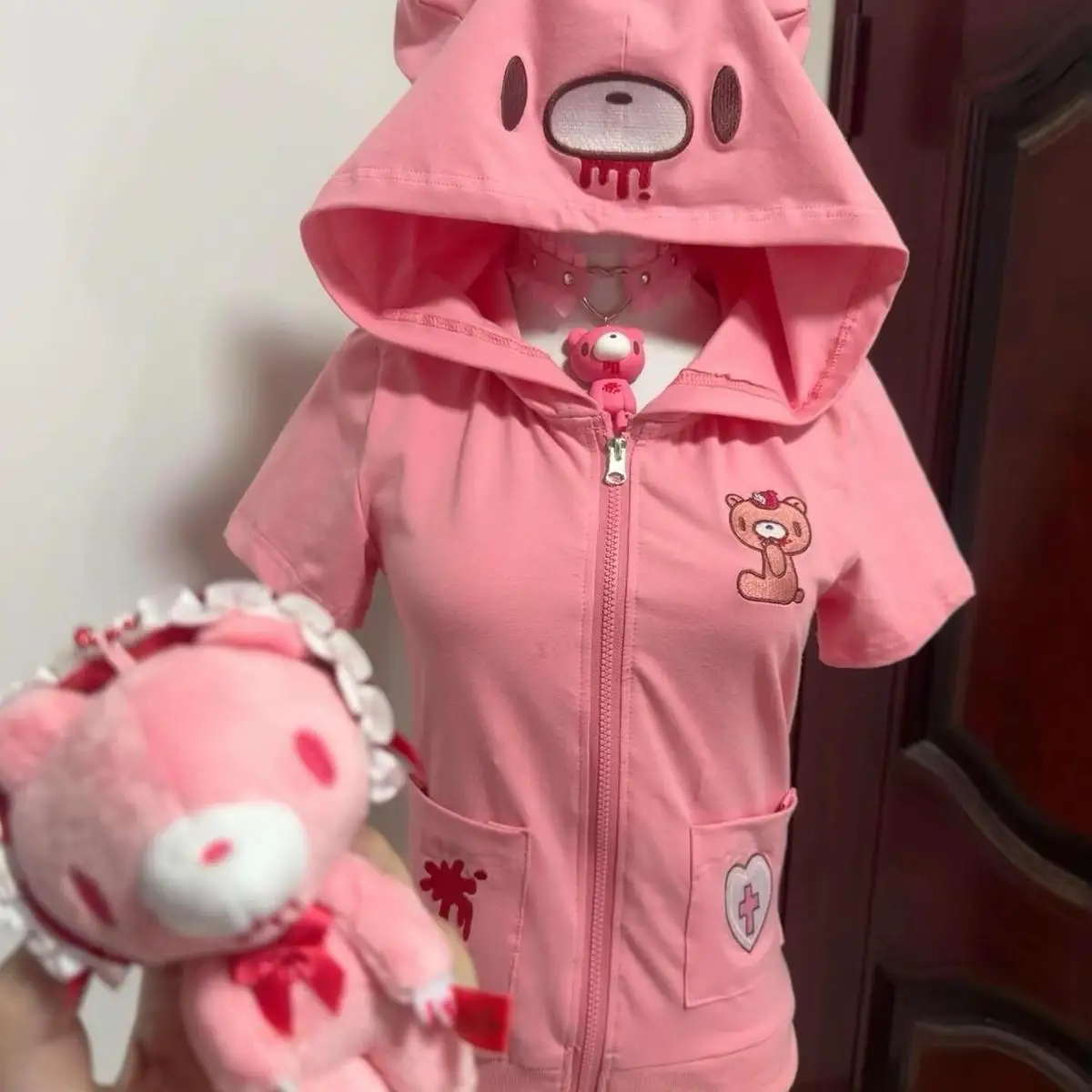 Cartoon Gloomying Bear Hoodie Printed Punk Gothic Blood Violent Bear Hoodied T-shirt Zipper Short Sleeves Tops Streetwear