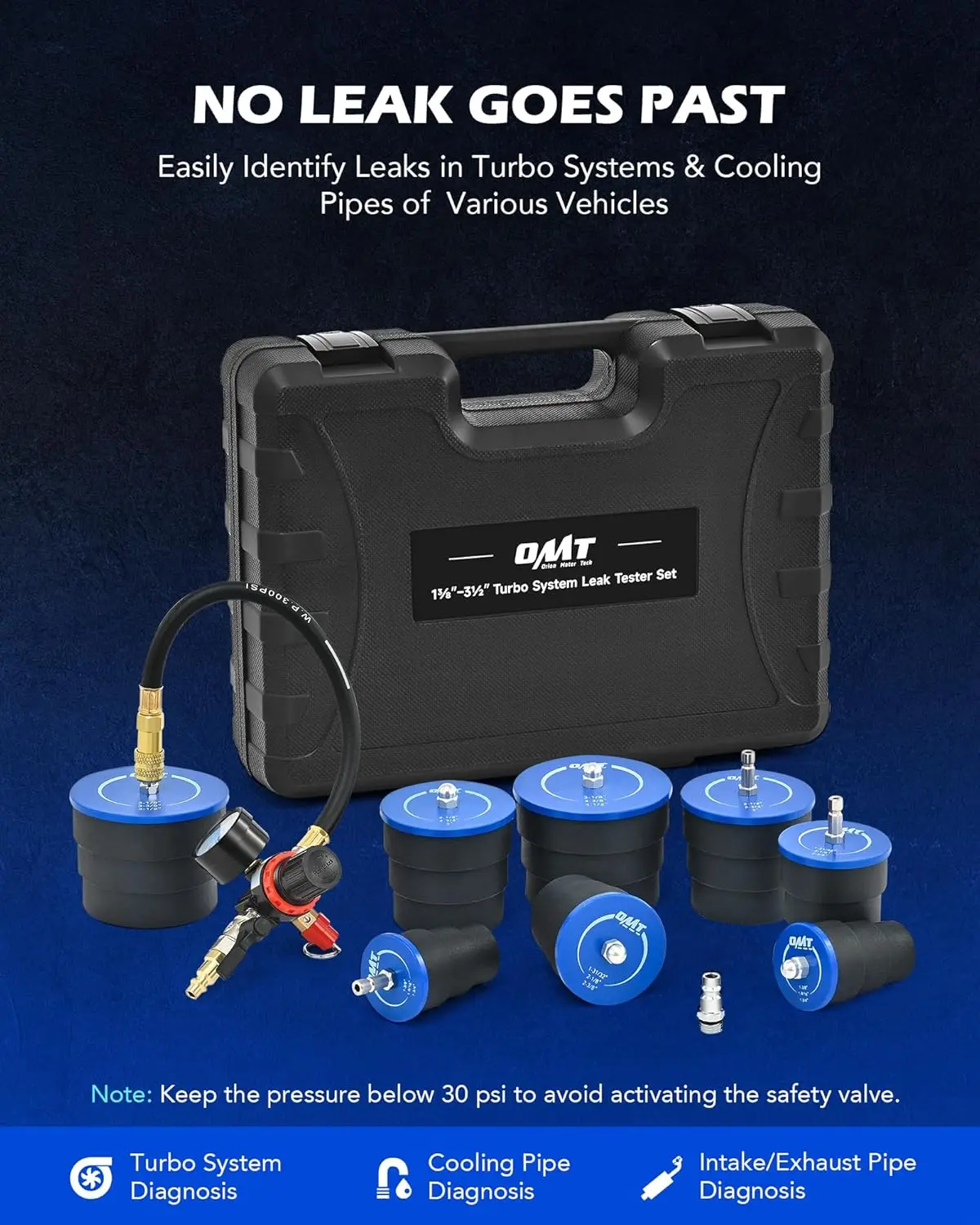 طقم اختبار تسرب توربو، 10 قطع مع 4 أزواج من المحولات المتدرجة 1-3/8 بوصة إلى 3-1/2 بوصة، لاختبار الضغط التوربيني