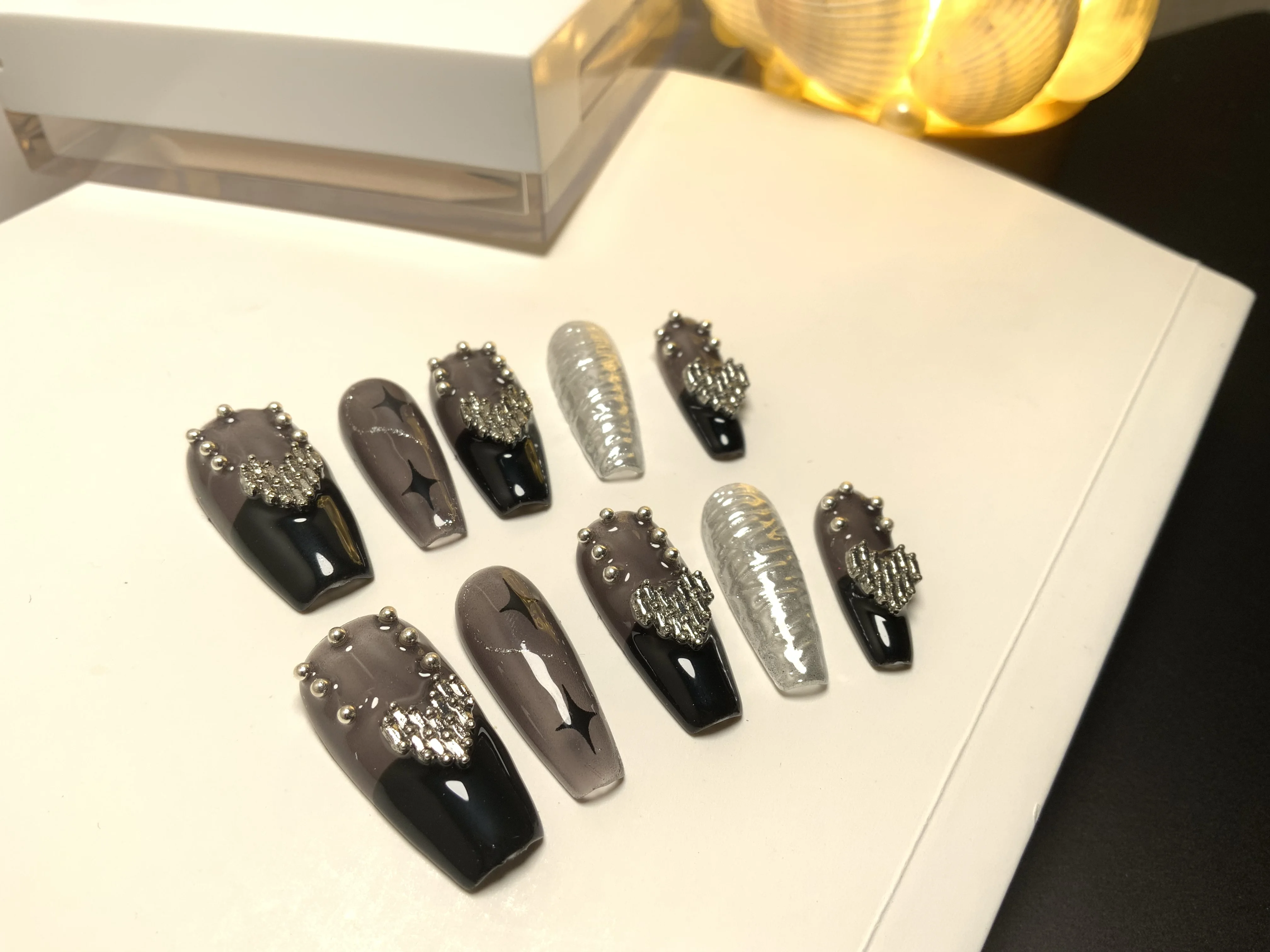 High Quality Luxury 10Pcs /Set Cover False Glue Press on Nails French  Handmade Removable Rhinestone Black Silver Diamond Cool