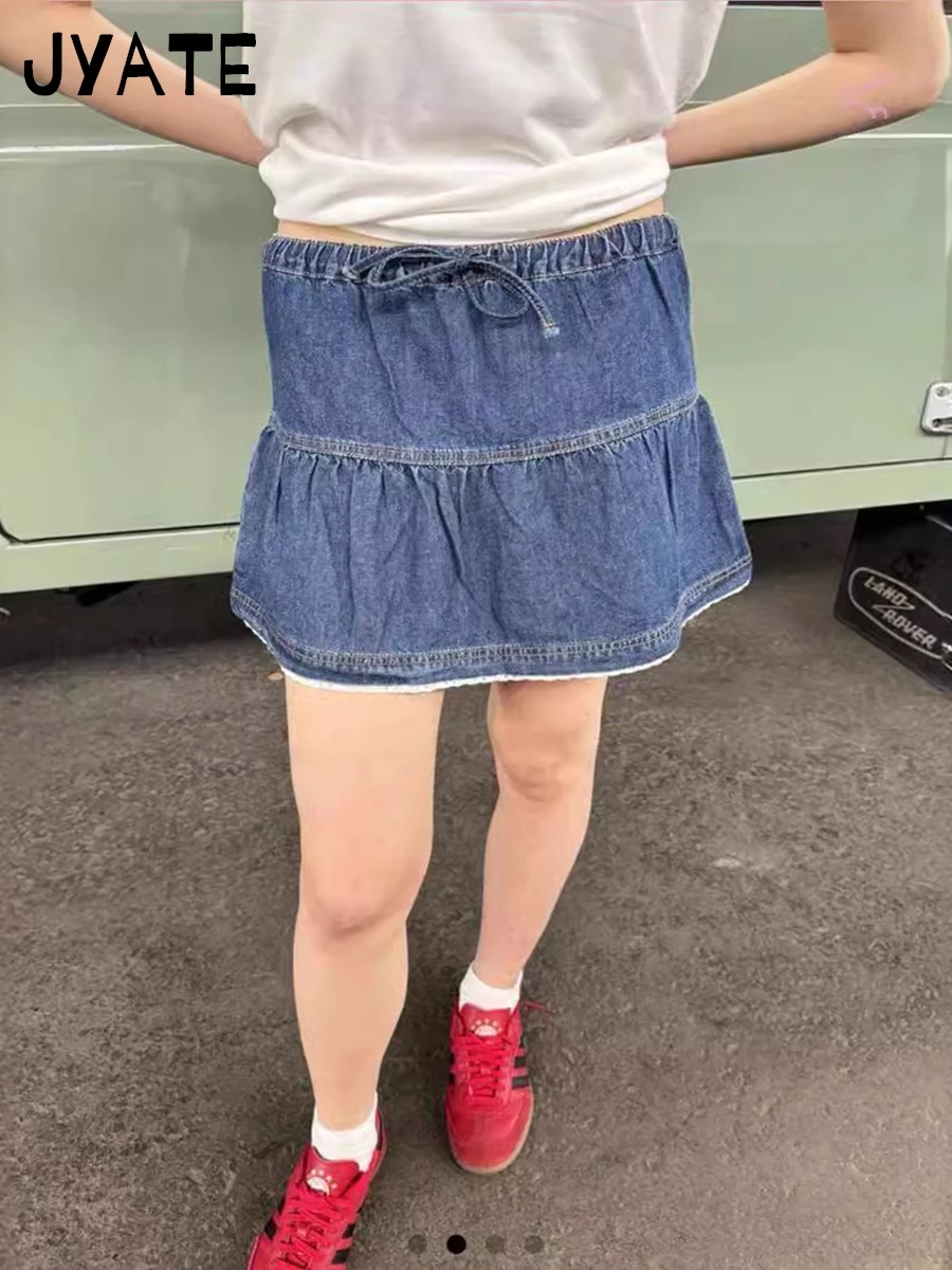 

Vintage Blue Denim A-line Skirts Women New Casual Streetwear Drawstring High Waist Short Faldas Sweet Chic Preppy Mini Skirt Y2K