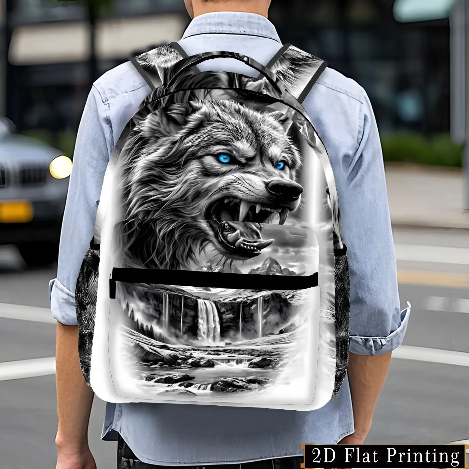 1pc Wolf Head Waterfall Pattern Casual Men'S Washable Backpack Versatile for Commuting And Fashion Street Photography