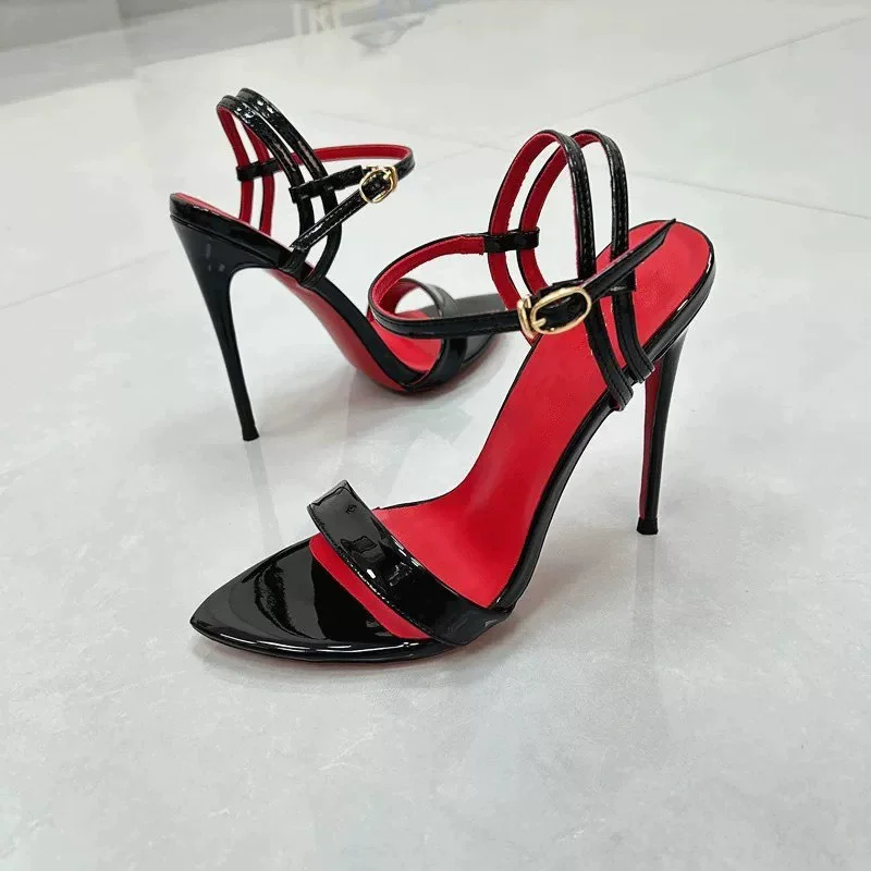 Summer new pointed toe patent leather one-line sexy sandals banquet dress large size stiletto high-heeled women's sandals