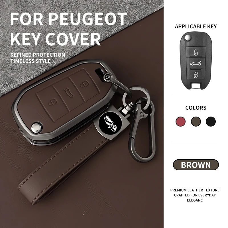Zinc Alloy Leather Key Fob,For Peugeot 208 301 308 508 2008 3008 5008 RCZ Expert Partner Rifter Traveller Key Protective Casing