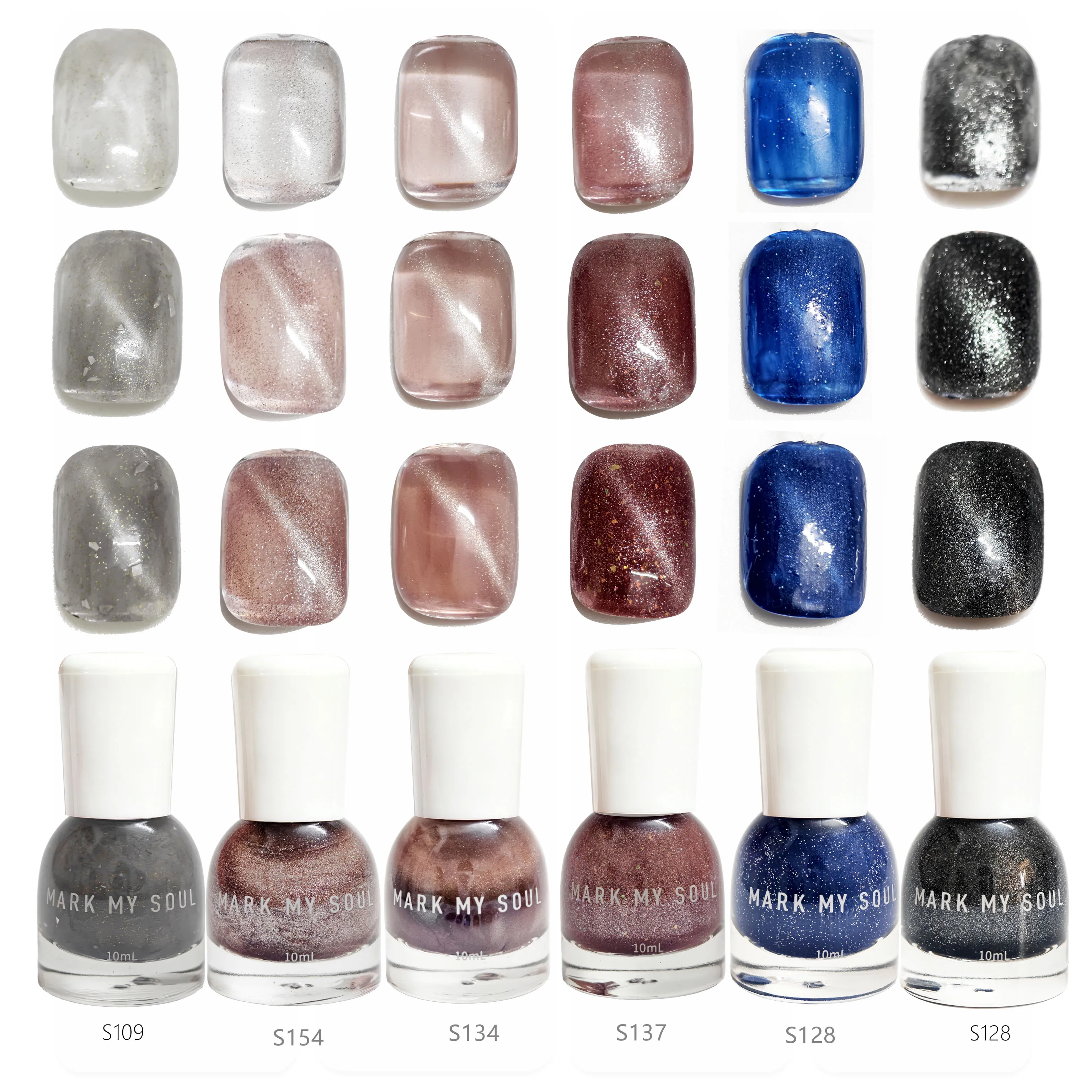 6Pcs Retro Nude  Pink  Reddish  Brown  Sapphire  Blue Cat Eye Nail Polish Set, MARK MY SOUL No  lamp Needed Magnetic Nail Polish