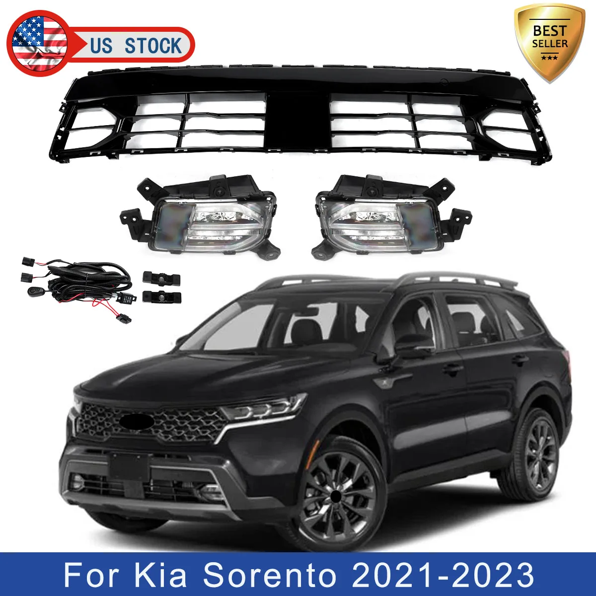 

For 2021-2023 Kia Sorento X-Line Front Bumper Lower Grille With Daytime Running Lights Gloss Black